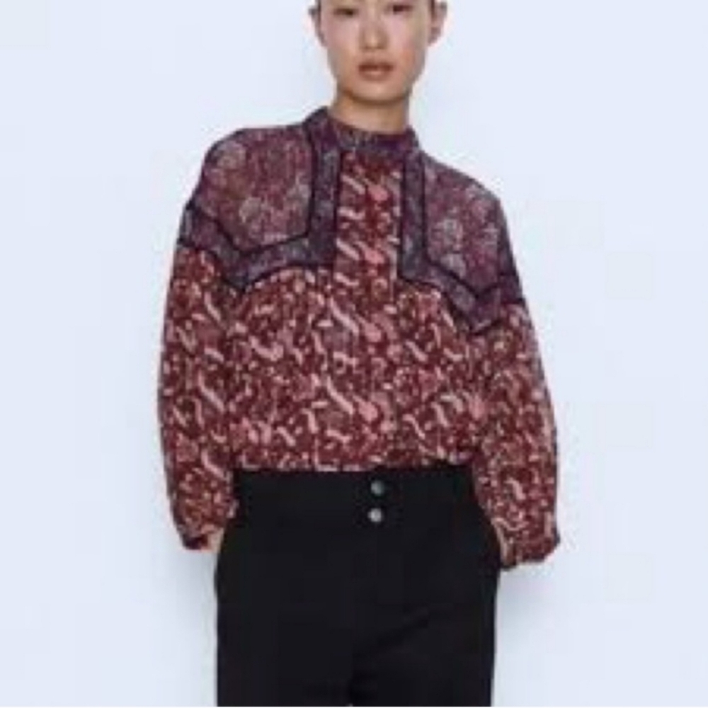 Zara Red and Black Patterned Blouse